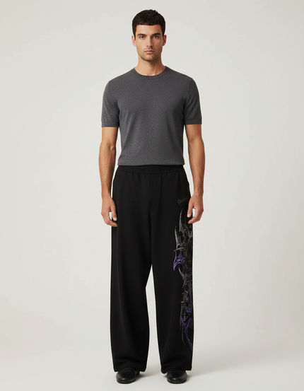 Pantalon Fluide Noir Ample Imprimé Gothique Homme - Molleton