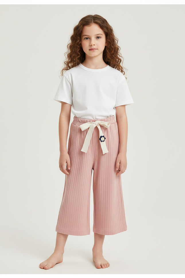 Pantalon Fluide Rose Côtelé Ample Décontracté Enfant - Maille