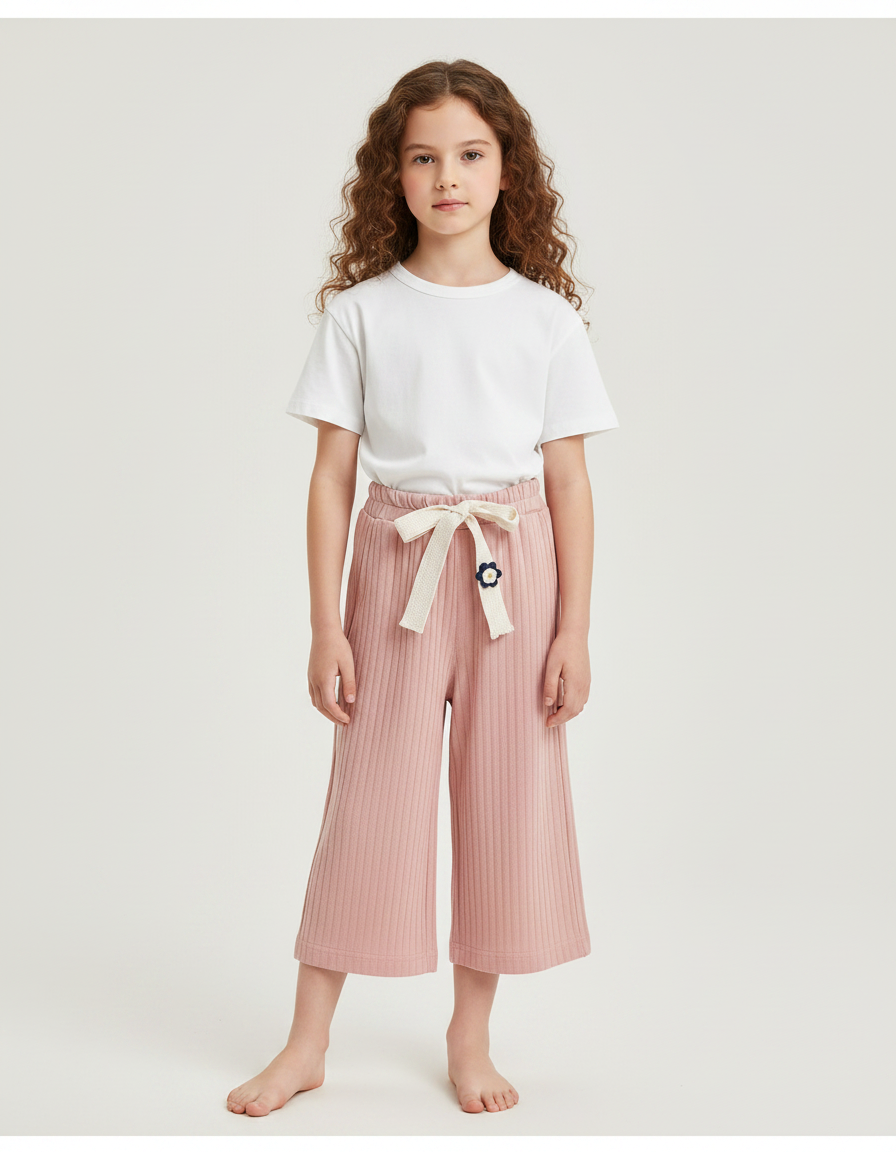 Pantalon Fluide Rose Côtelé Ample Décontracté Enfant - Maille