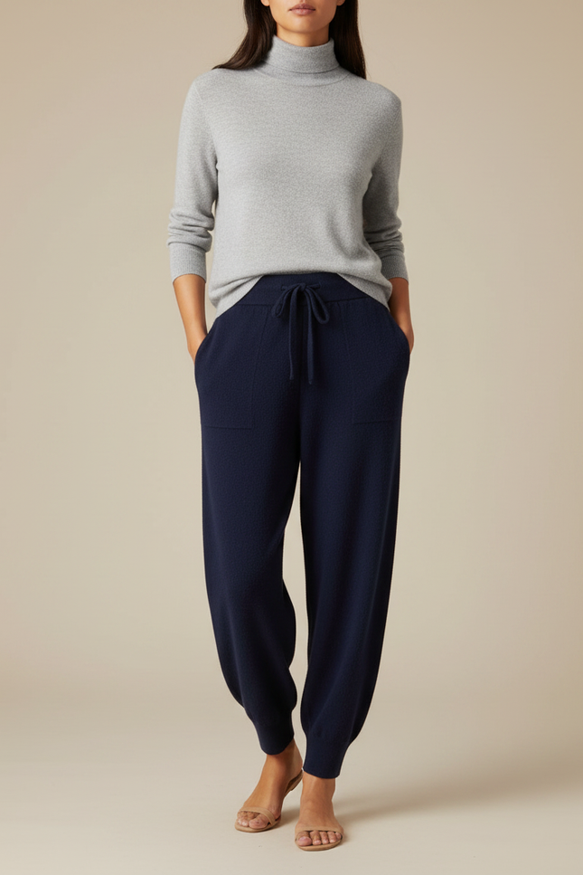Pantalon Fluide Bleu Marine Laine Mérinos Ample Cordon