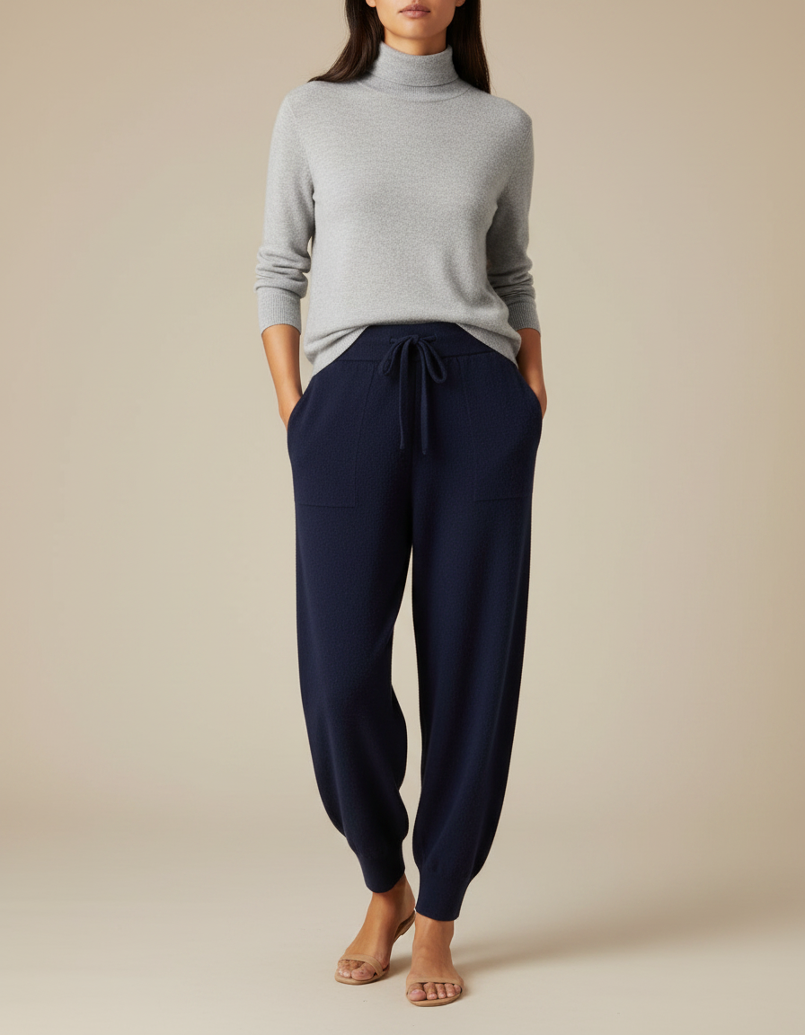 Pantalon Fluide Bleu Marine Laine Mérinos Ample Cordon