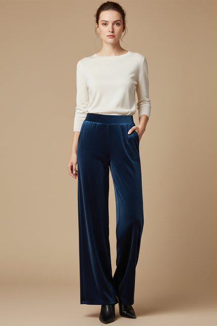 Pantalon Fluide Velours Bleu Ample Élégant Femme - Marine