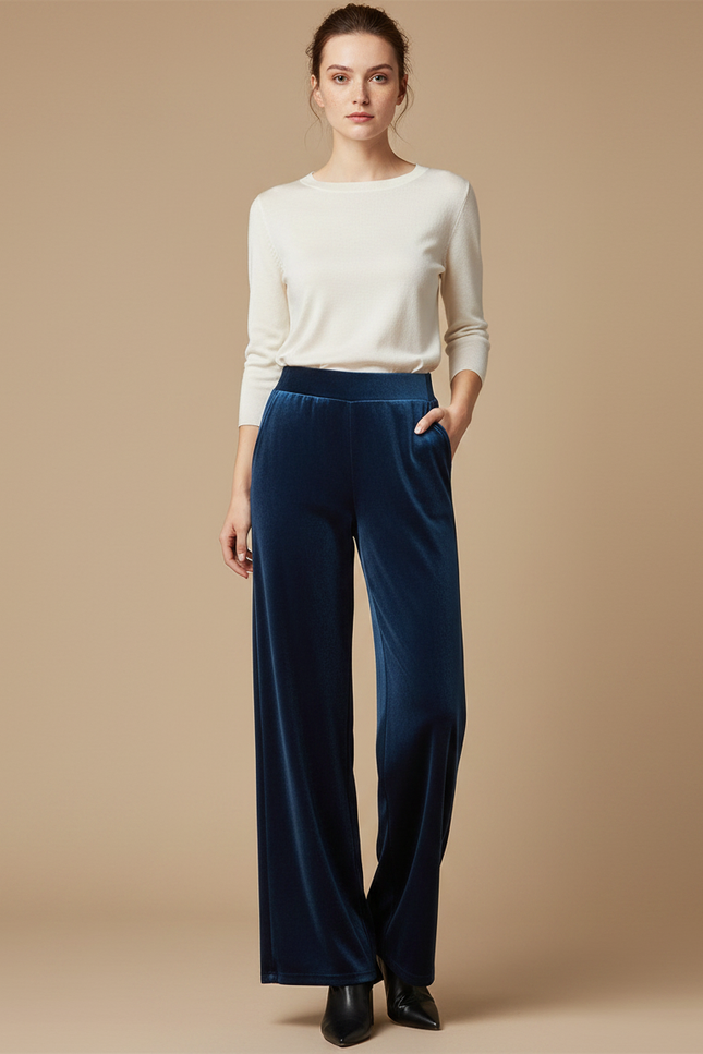 Pantalon Fluide Velours Bleu Ample Élégant Femme - Marine