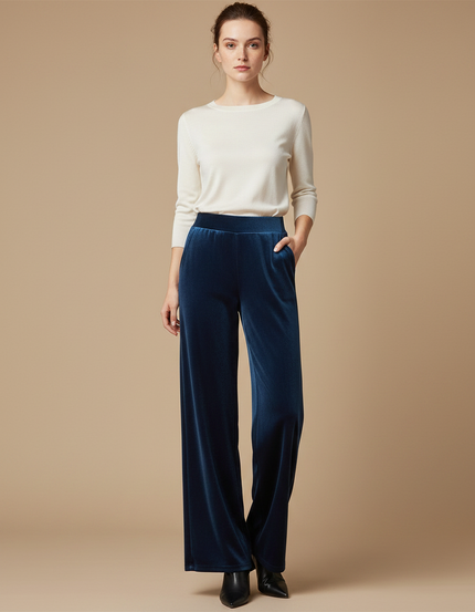 Pantalon Fluide Velours Bleu Ample Élégant Femme - Marine