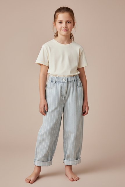 Pantalon Fluide Rayé Bleu Clair Ample Coton Enfant - Jean