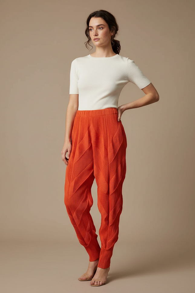 Pantalon Fluide Plissé Orange Élastique Décontracté Élégant - Polyester