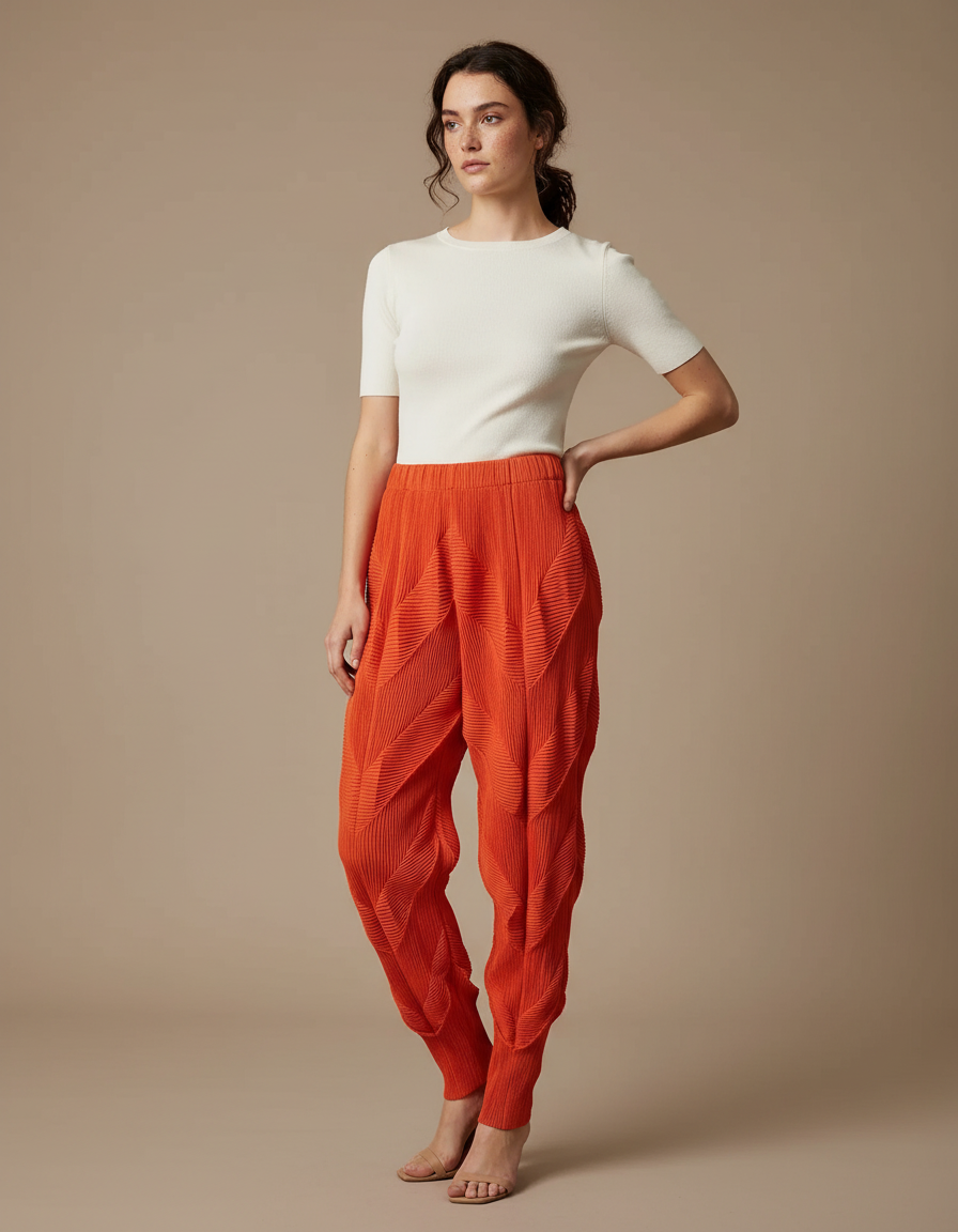 Pantalon Fluide Plissé Orange Élastique Décontracté Élégant - Polyester
