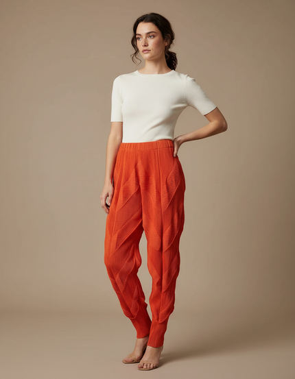 Pantalon Fluide Plissé Orange Élastique Décontracté Élégant - Polyester