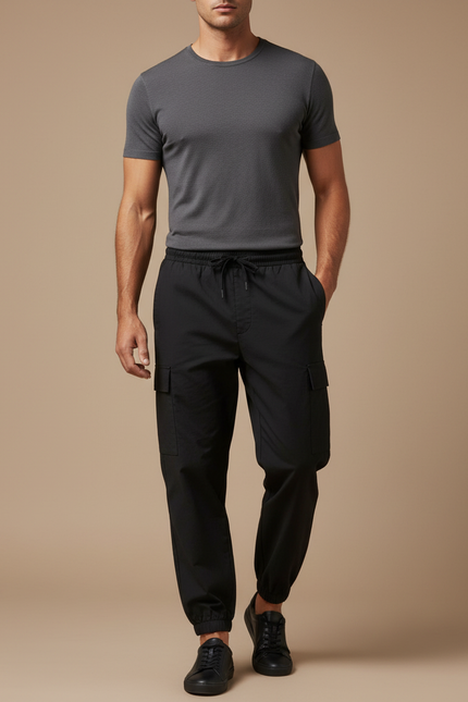 Pantalon Fluide Cargo Noir Cordon Ample Homme - Polyester