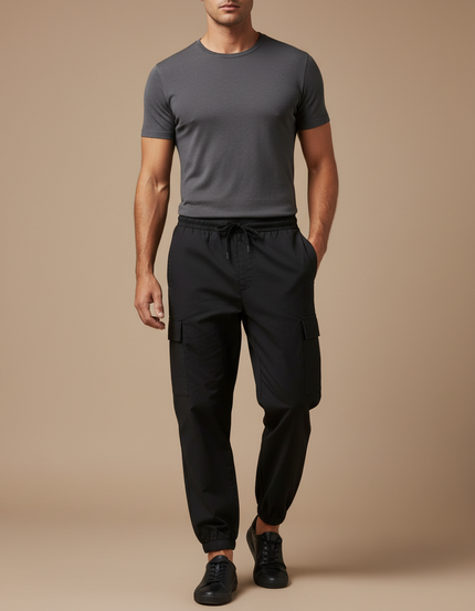 Pantalon Fluide Cargo Noir Cordon Ample Homme - Polyester