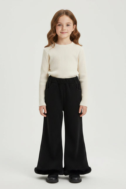 Pantalon Fluide Noir Côtelé Évasé Fourrure Fille - Cordé