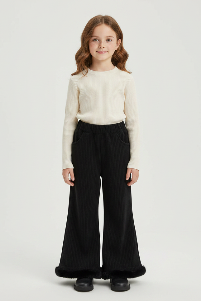 Pantalon Fluide Noir Côtelé Évasé Fourrure Fille - Cordé