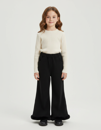 Pantalon Fluide Noir Côtelé Évasé Fourrure Fille - Cordé