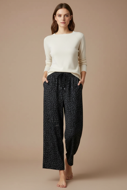 Pantalon Fluide Léopard Gris Ample Cordon Doux - Viscose