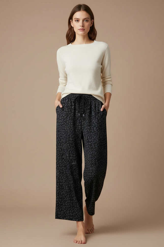 Pantalon Fluide Léopard Gris Ample Cordon Doux - Viscose