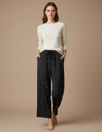 Pantalon Fluide Léopard Gris Ample Cordon Doux - Viscose