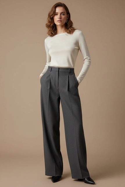 Pantalon Fluide Gris Ample Plissé Élégant Femme - Gabardine