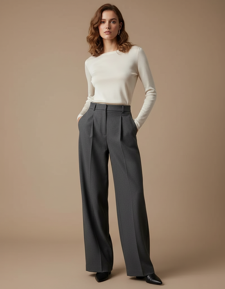 Pantalon Fluide Gris Ample Plissé Élégant Femme - Gabardine