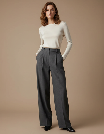 Pantalon Fluide Gris Ample Plissé Élégant Femme - Gabardine