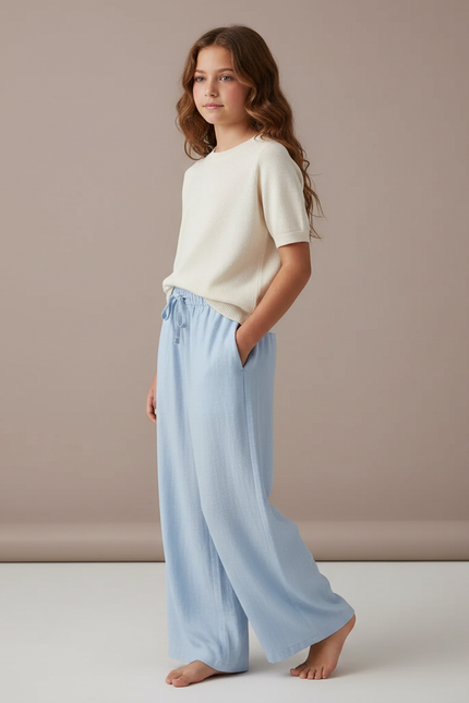 Pantalon Fluide Bleu Ciel Lin Ample Décontracté Enfant