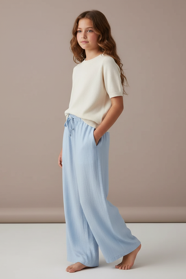 Pantalon Fluide Bleu Ciel Lin Ample Décontracté Enfant