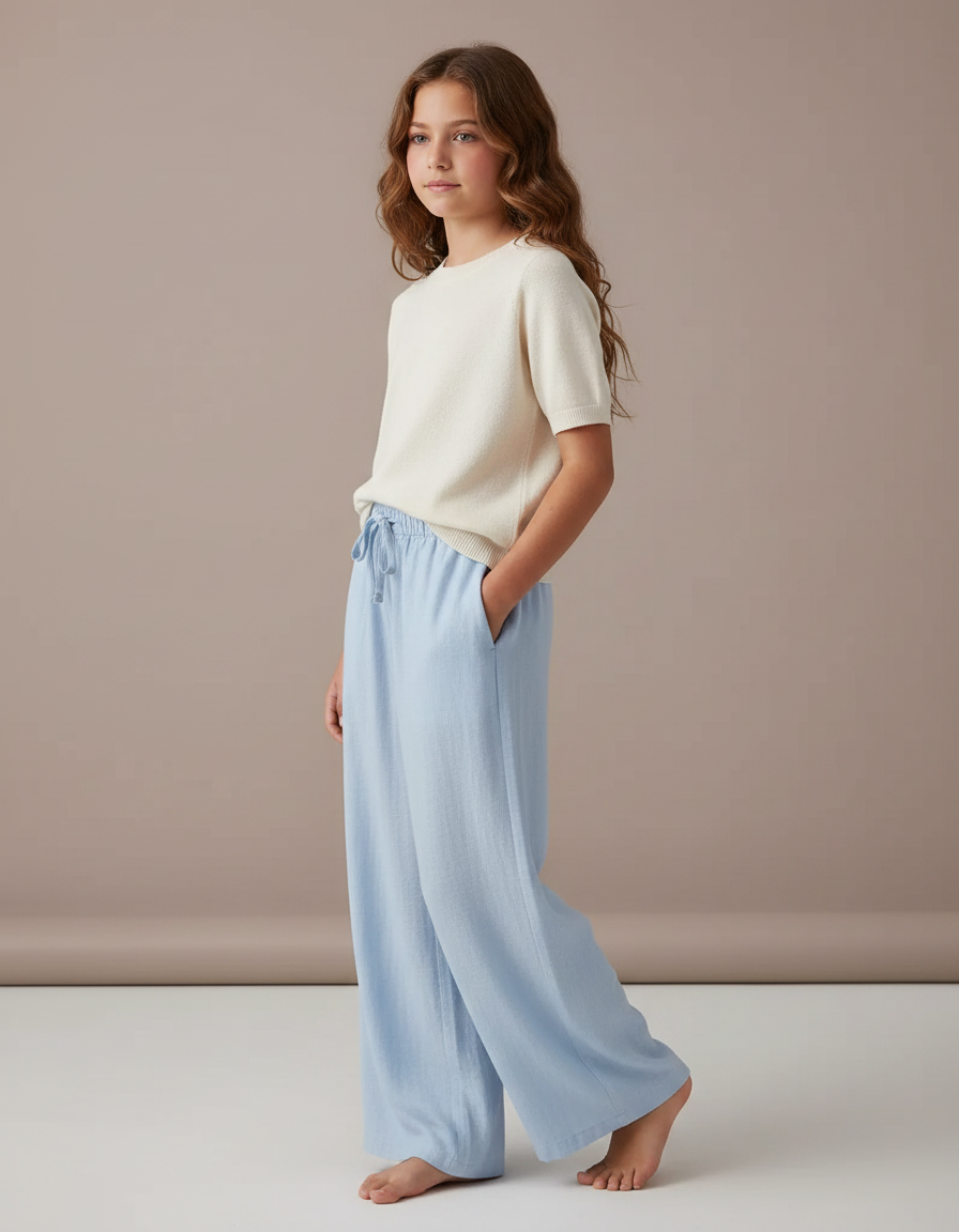 Pantalon Fluide Bleu Ciel Lin Ample Décontracté Enfant