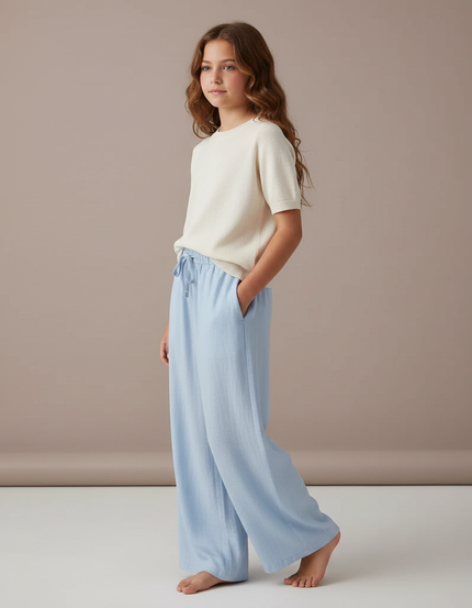Pantalon Fluide Bleu Ciel Lin Ample Décontracté Enfant