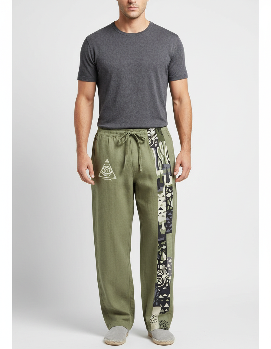 Pantalon Fluide Kaki Lin Cordon Tribal Homme