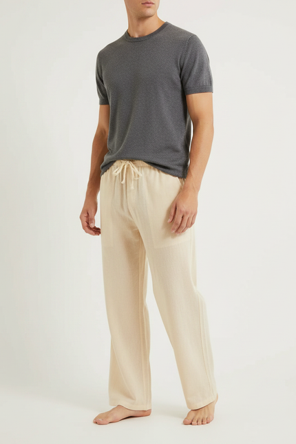Pantalon Fluide Beige Coton Ample Confortable Décontracté - Lin