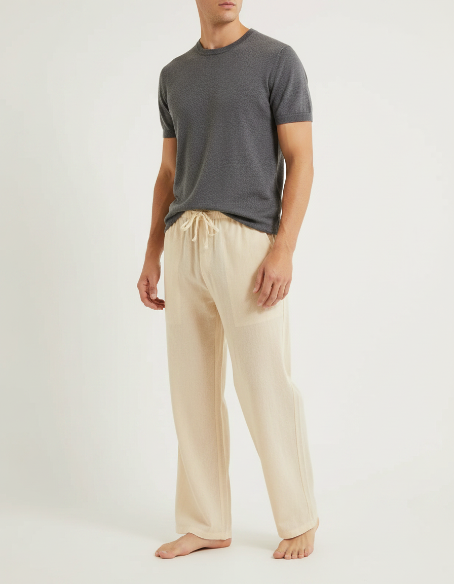 Pantalon Fluide Beige Coton Ample Confortable Décontracté - Lin