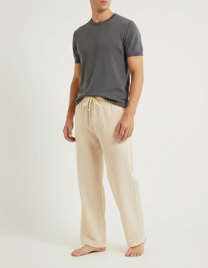 Pantalon Fluide Beige Coton Ample Confortable Décontracté - Lin