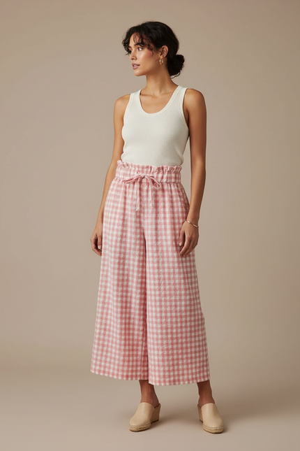 Pantalon Fluide Carreaux Vichy Rose Ample Ceinture Nouée - Lin