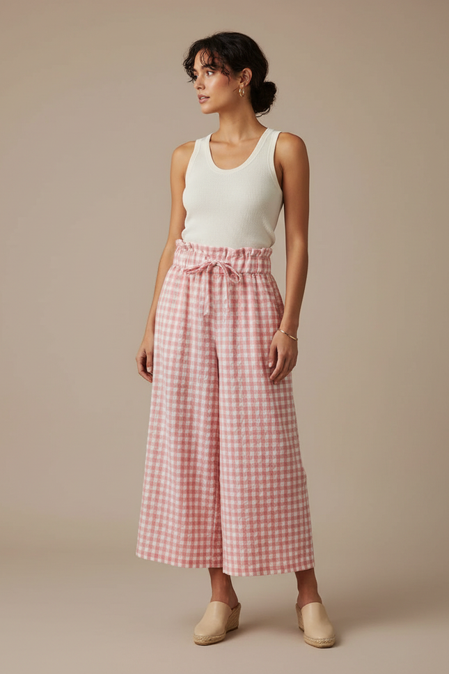 Pantalon Fluide Carreaux Vichy Rose Ample Ceinture Nouée - Lin