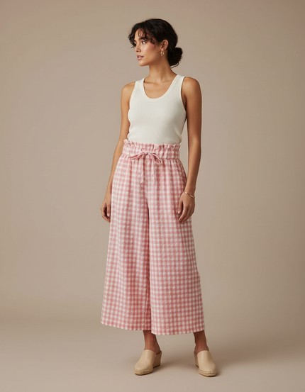 Pantalon Fluide Carreaux Vichy Rose Ample Ceinture Nouée - Lin