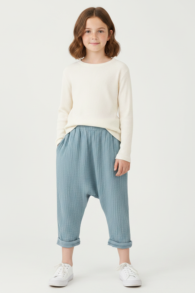 Pantalon Fluide Bleu Ciel Plissé Ample Coton Enfant
