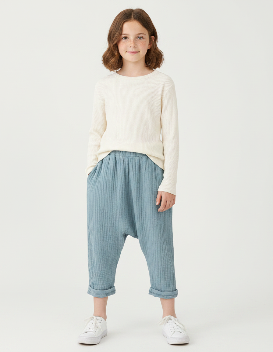 Pantalon Fluide Bleu Ciel Plissé Ample Coton Enfant