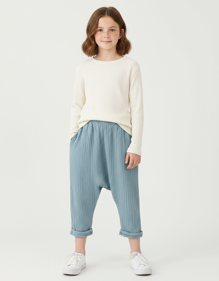Pantalon Fluide Bleu Ciel Plissé Ample Coton Enfant