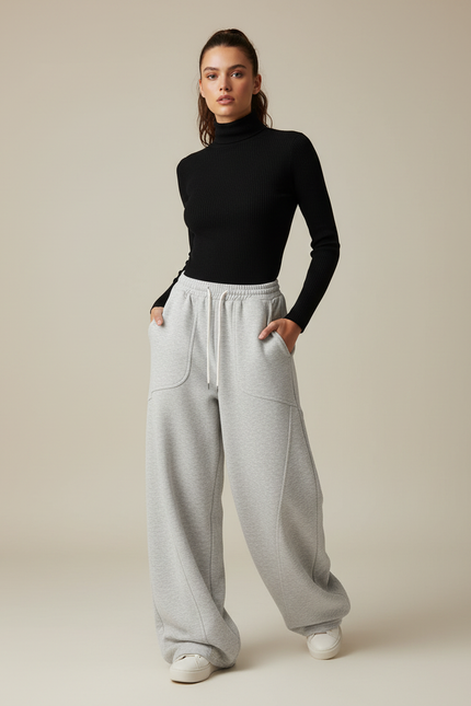 Pantalon Fluide Gris Ample Cordon Streetwear Décontracté - Molleton