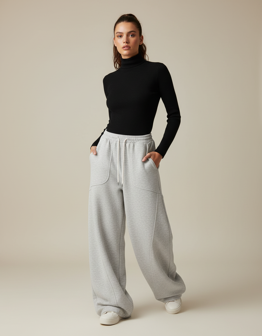 Pantalon Fluide Gris Ample Cordon Streetwear Décontracté - Molleton