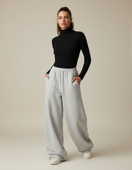 Pantalon Fluide Gris Ample Cordon Streetwear Décontracté - Molleton