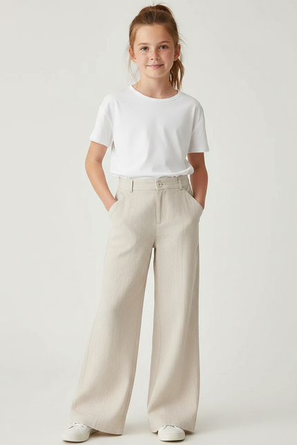 Pantalon Fluide Beige Large Confortable Chic Décontracté - Lin