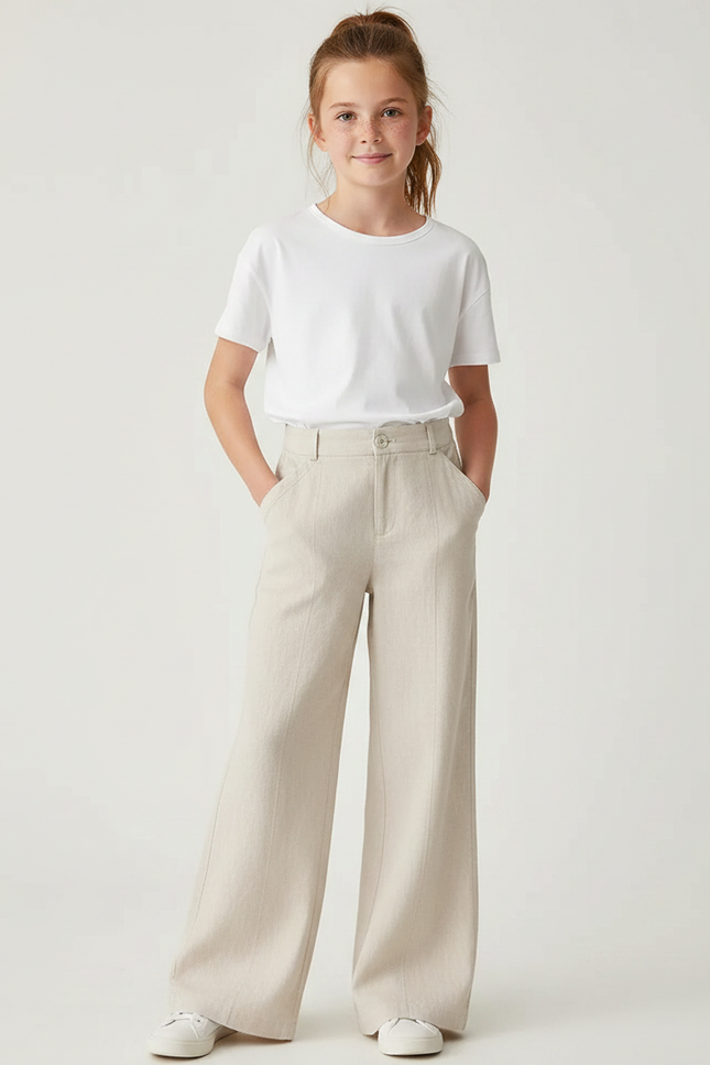 Pantalon Fluide Beige Large Confortable Chic Décontracté - Lin