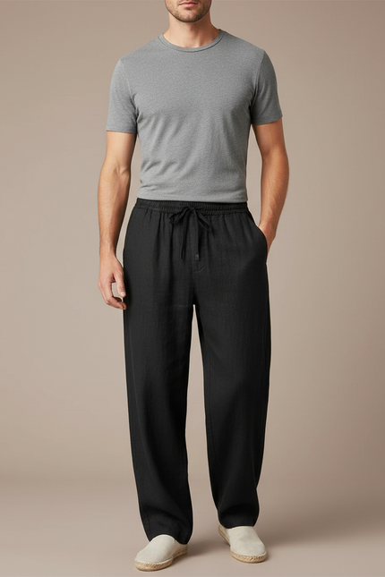 Pantalon Fluide Noir Ample Lin Décontracté Cordon