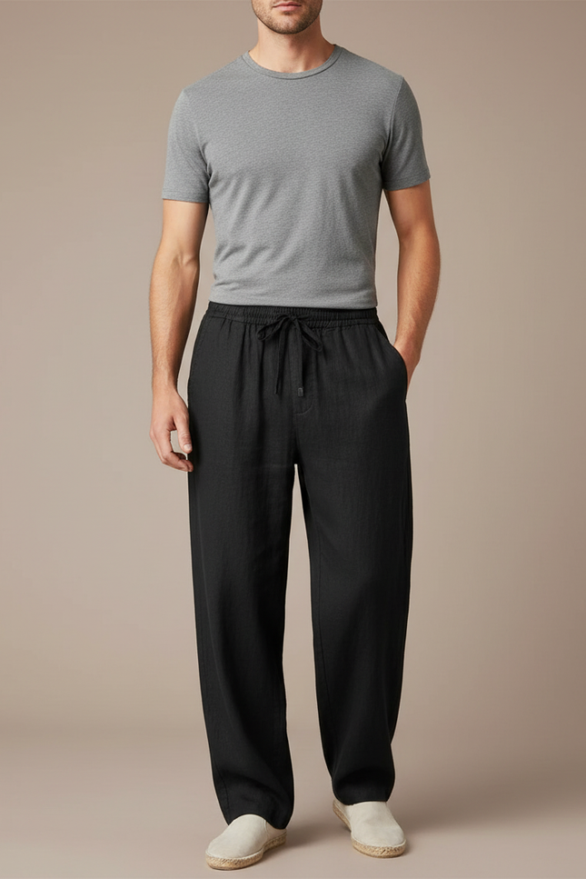 Pantalon Fluide Noir Ample Lin Décontracté Cordon