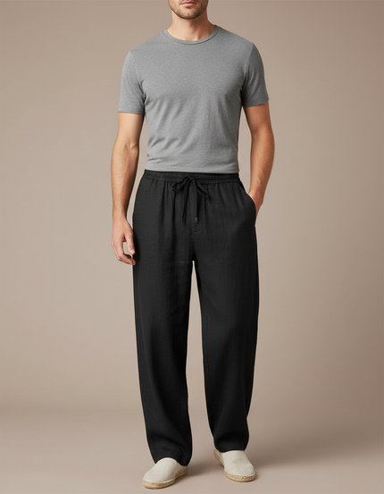 Pantalon Fluide Noir Ample Lin Décontracté Cordon