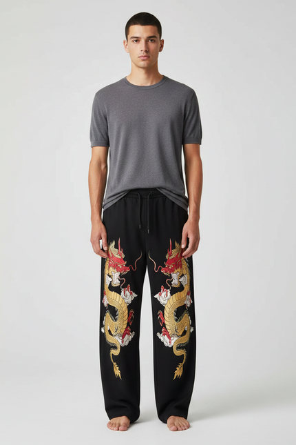 Pantalon Fluide Noir Ample Dragon Chinois Décontracté Homme - Molleton