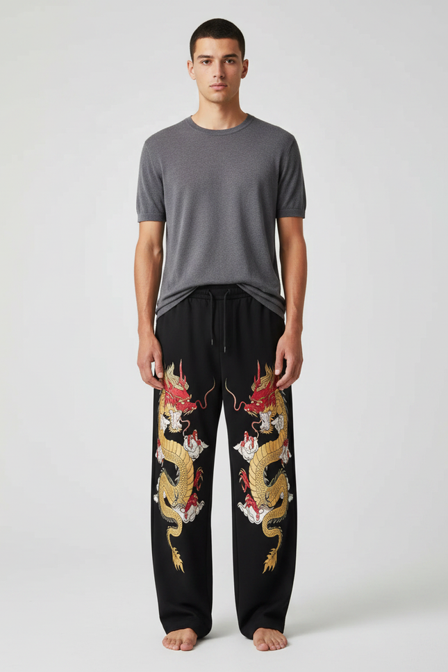 Pantalon Fluide Noir Ample Dragon Chinois Décontracté Homme - Molleton