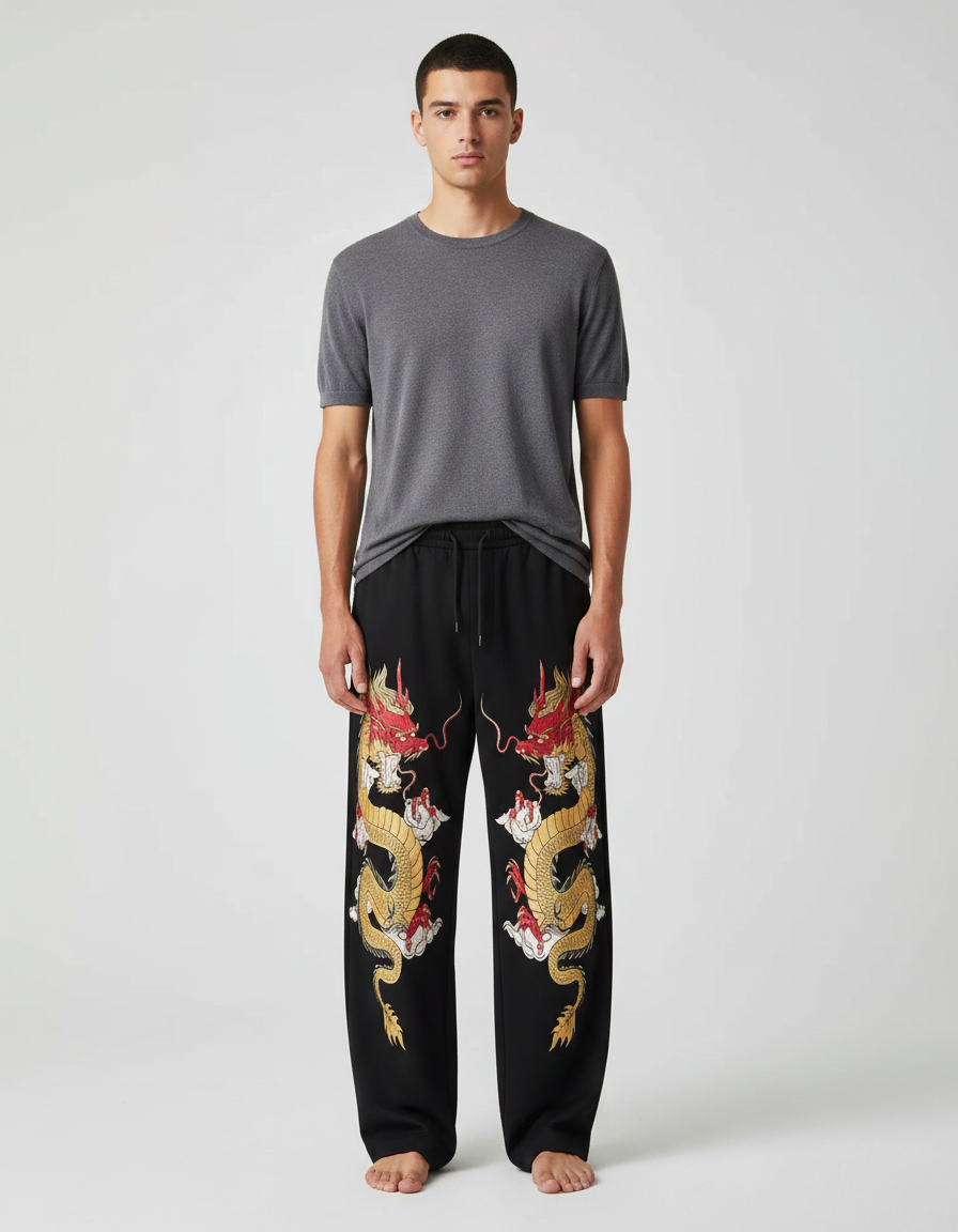 Pantalon Fluide Noir Ample Dragon Chinois Décontracté Homme - Molleton