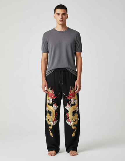 Pantalon Fluide Noir Ample Dragon Chinois Décontracté Homme - Molleton