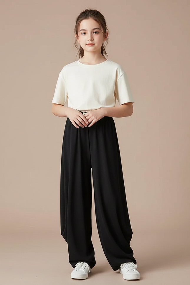 Pantalon Fluide Noir Ample Confortable Fille - Viscose
